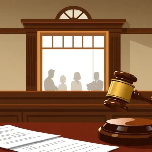 An artistic representation of a courtroom illustrating themes of justice.