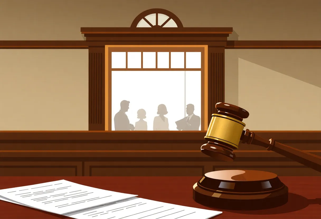 An artistic representation of a courtroom illustrating themes of justice.