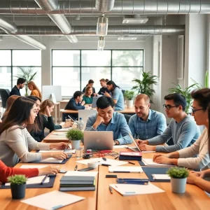 Entrepreneurs collaborating in a vibrant co-working space at Domi Station.