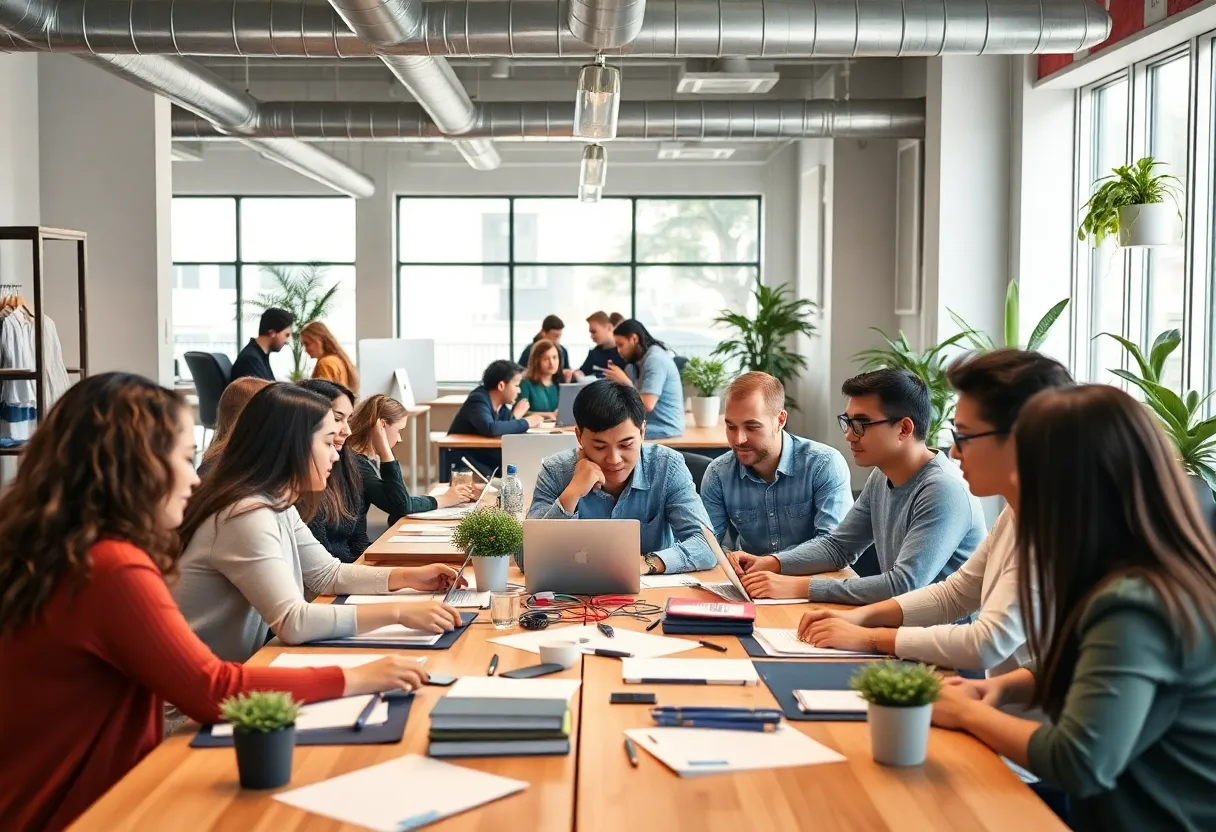 Entrepreneurs collaborating in a vibrant co-working space at Domi Station.