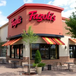 New Fazoli's restaurant exterior with outdoor seating in Tallahassee