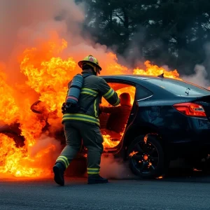 Off-duty firefighter rescuing a woman from a burning car