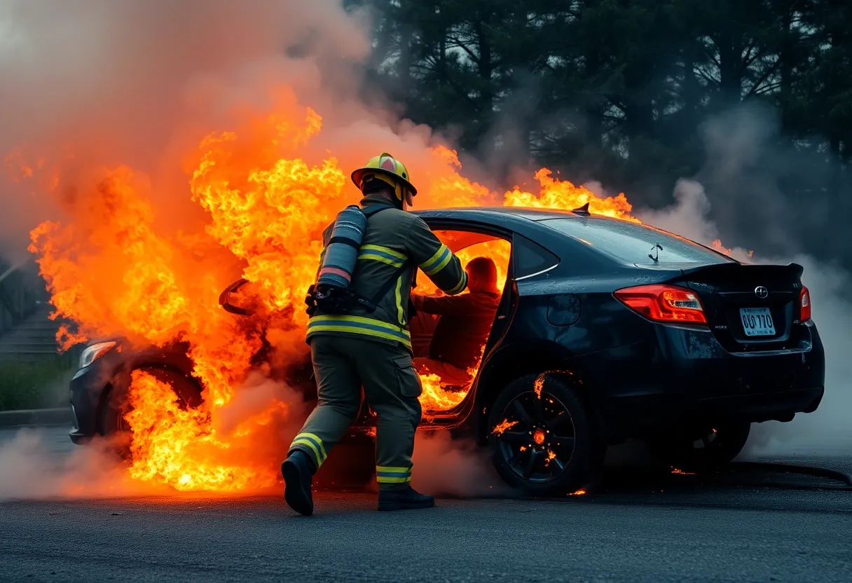 Off-duty firefighter rescuing a woman from a burning car