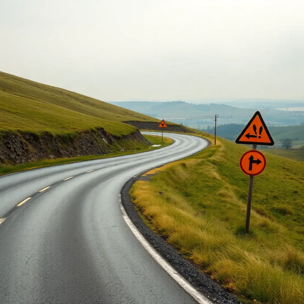 Winding road landscape with caution signs