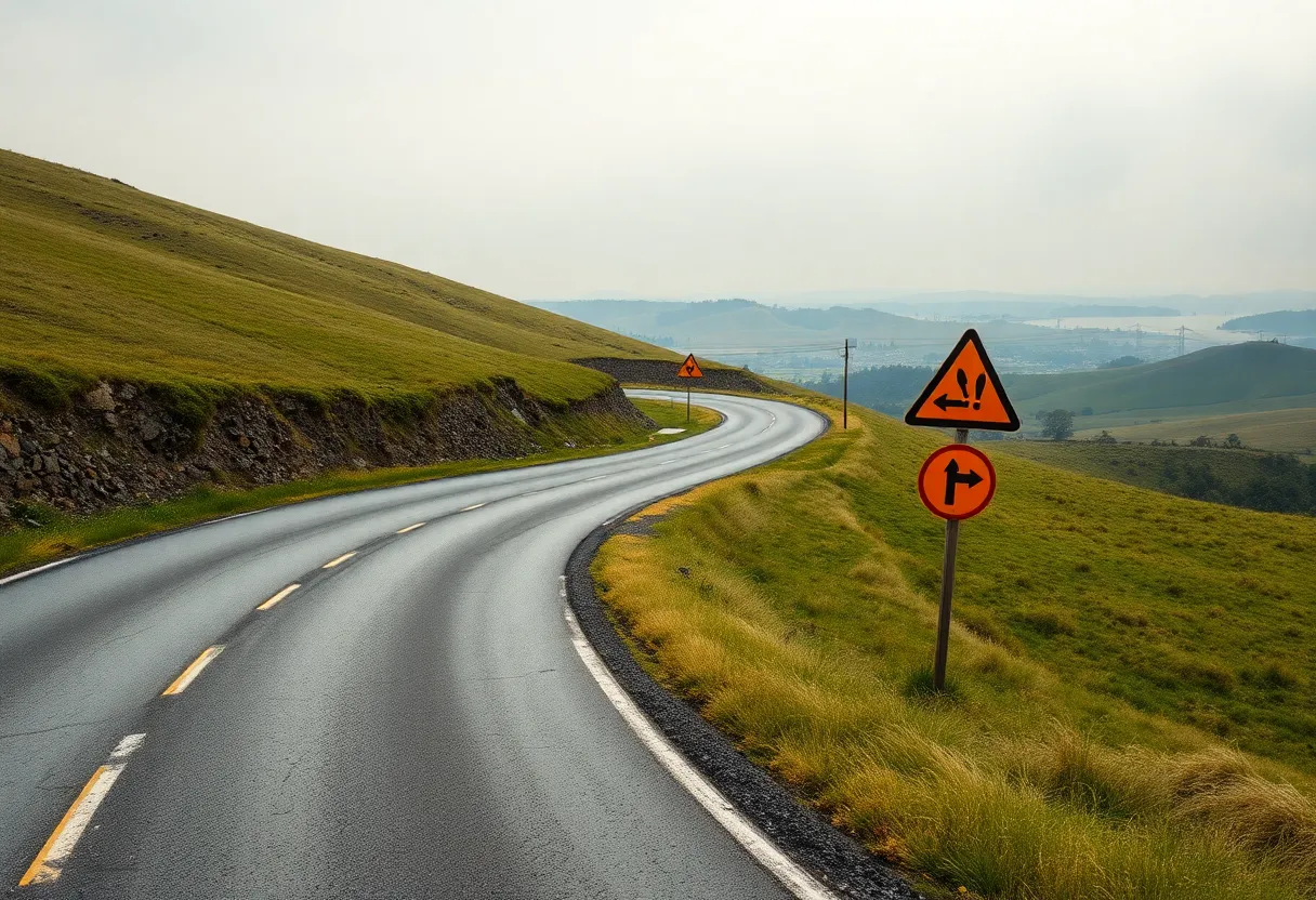 Winding road landscape with caution signs