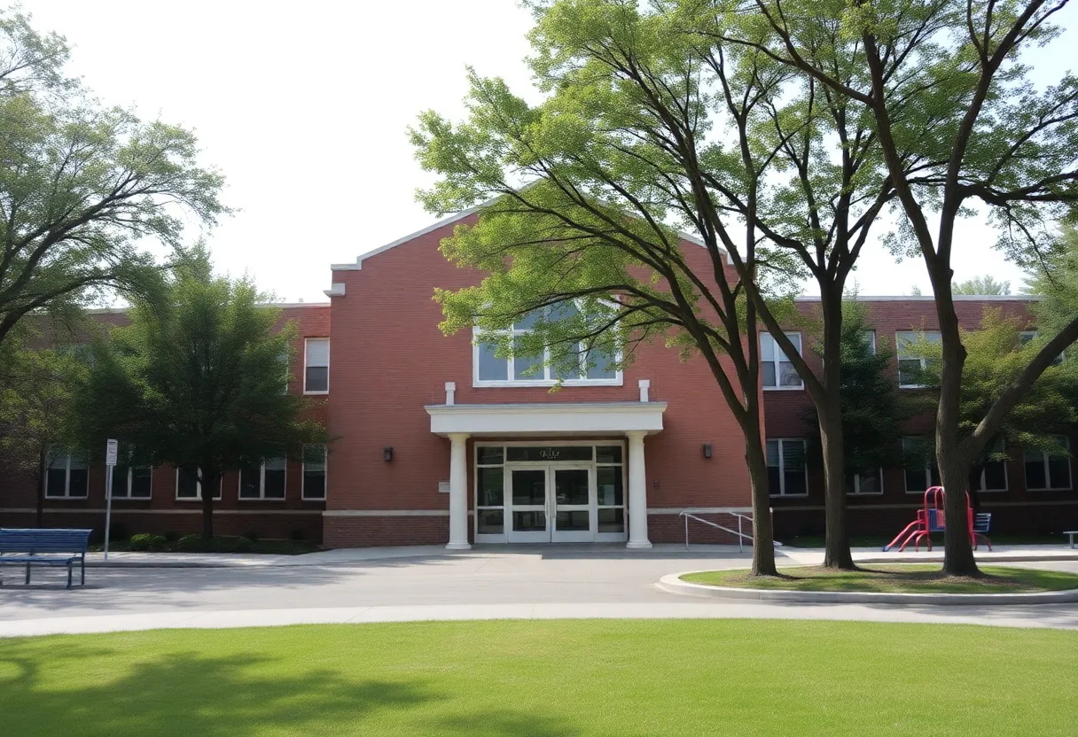 Entrance of Griffin Middle School surrounded by trees
