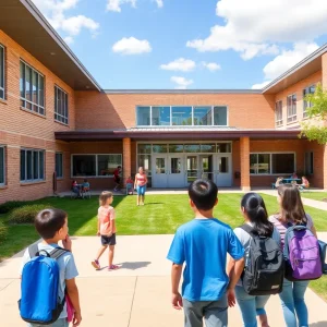 Exterior view of Griffin Middle School with students and teachers