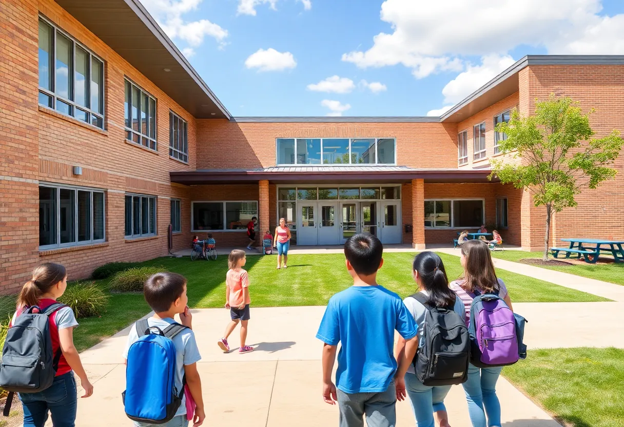 Exterior view of Griffin Middle School with students and teachers