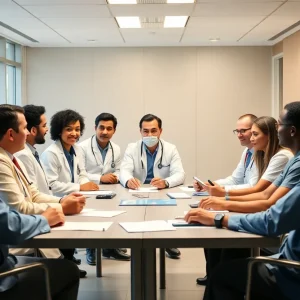Healthcare professionals engaged in a board meeting at HCA Florida Capital Hospital