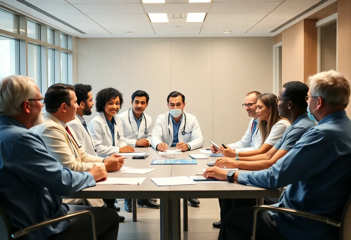 Healthcare professionals engaged in a board meeting at HCA Florida Capital Hospital