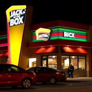 Jack in the Box restaurant at night with people and cars