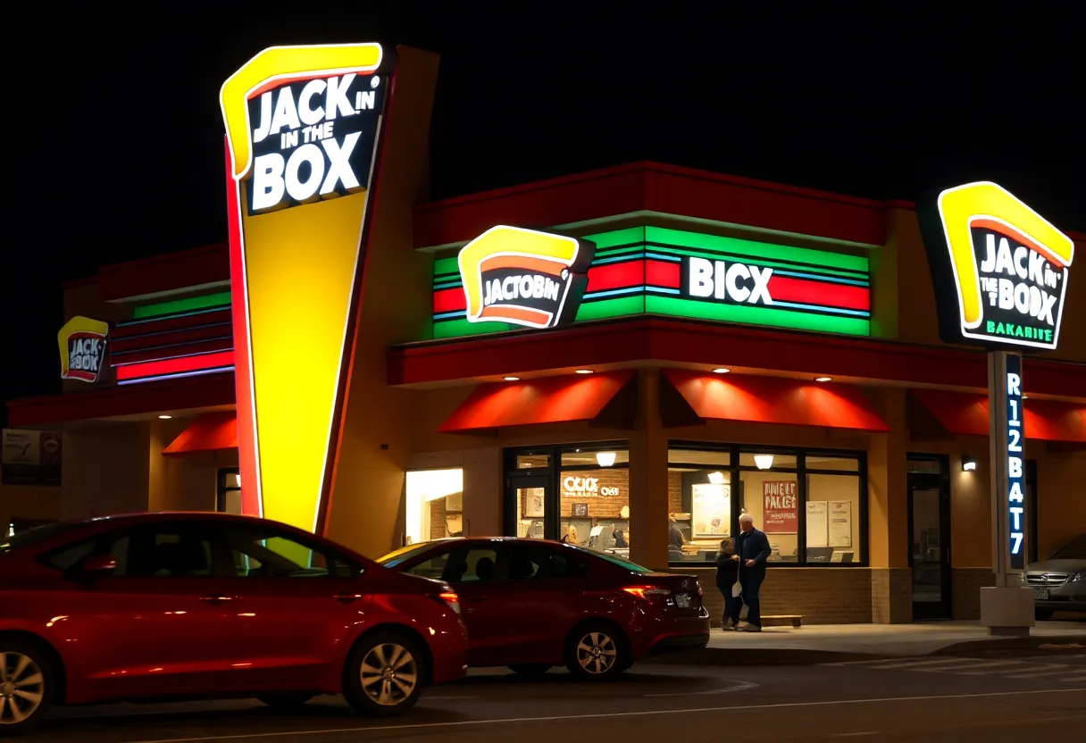 Jack in the Box restaurant at night with people and cars