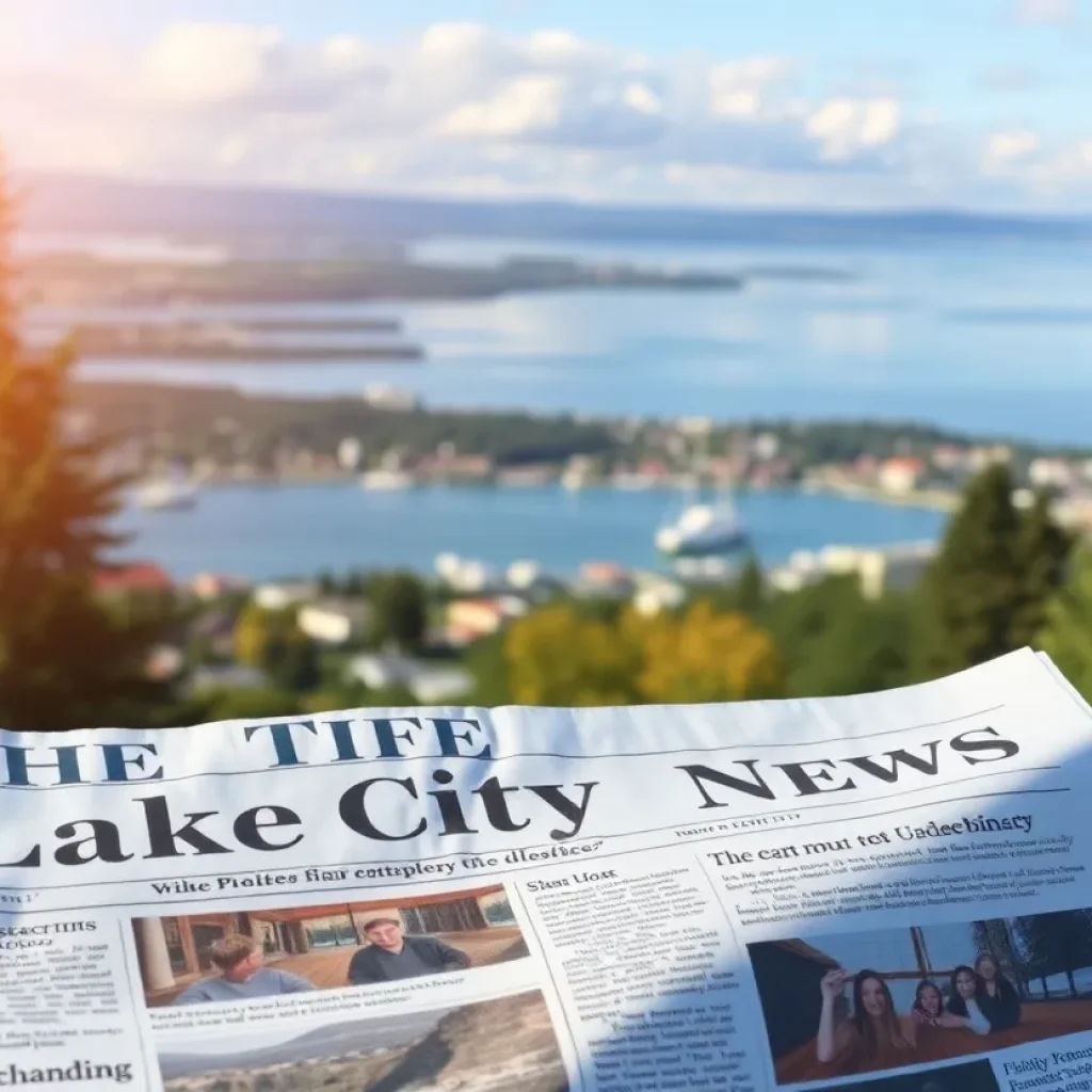 Lake City landscape with local newspaper