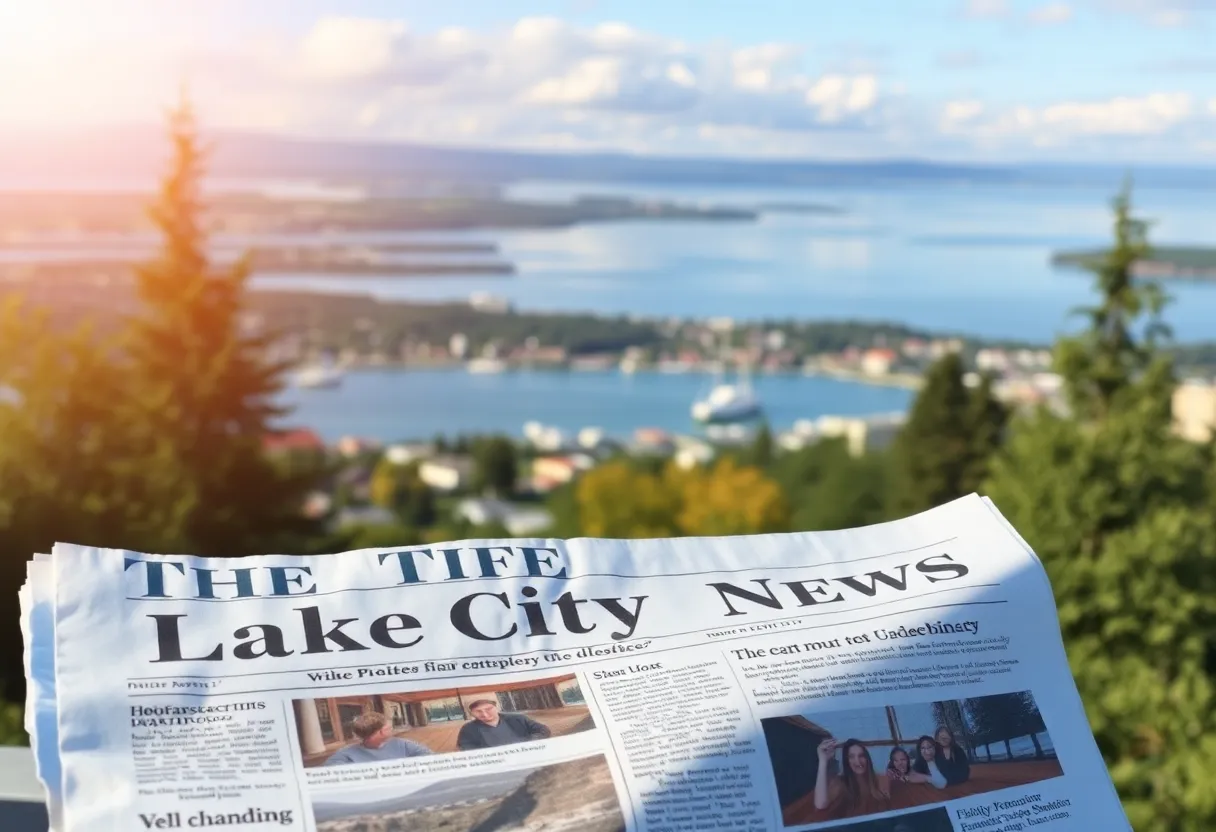 Lake City landscape with local newspaper