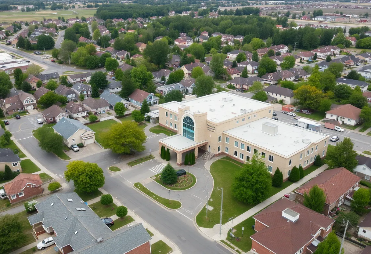 Aerial view of Lake Shore Hospital and surrounding residential area