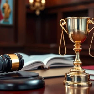 Courtroom scene with gavel and legal books representing justice.