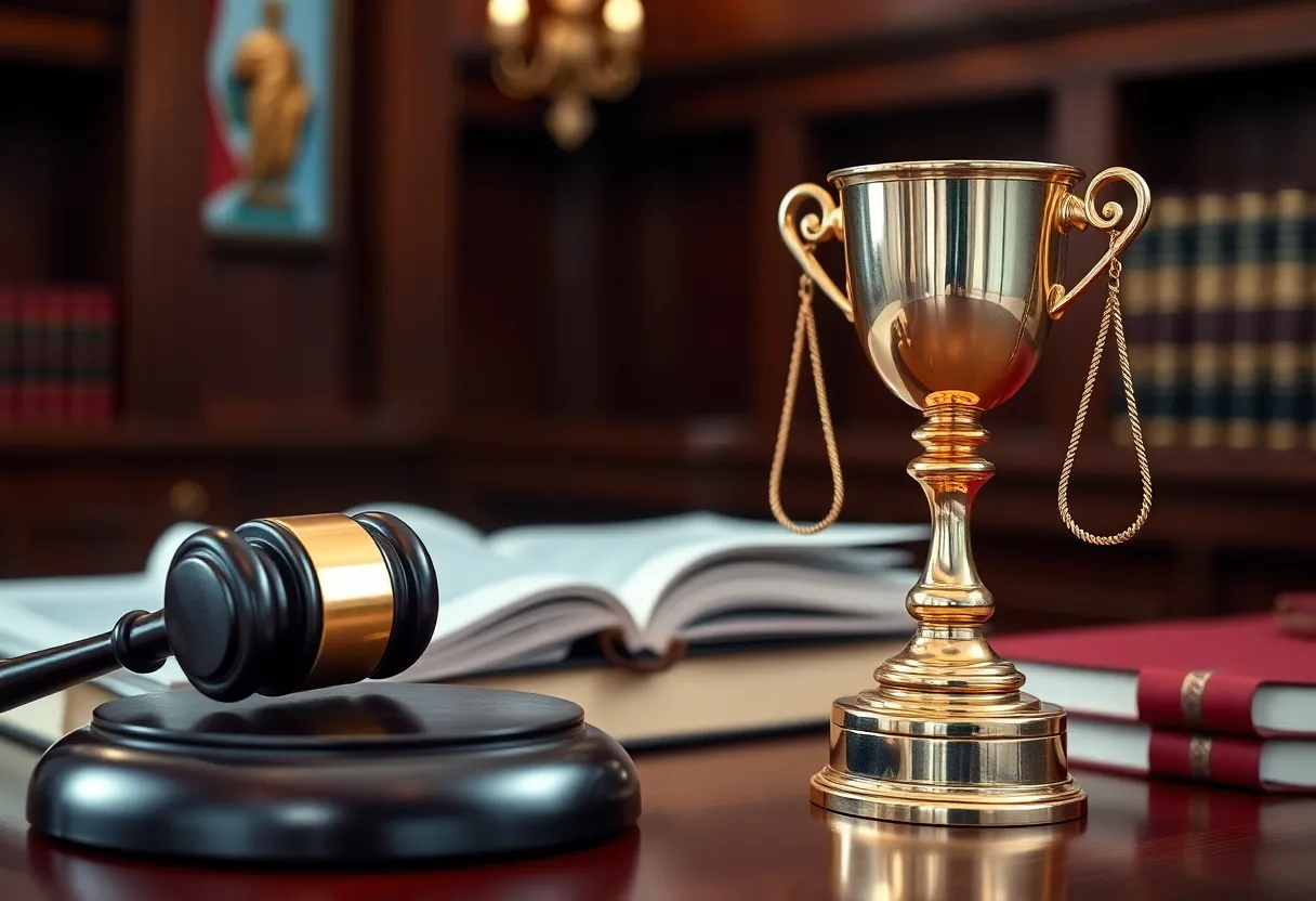 Courtroom scene with gavel and legal books representing justice.