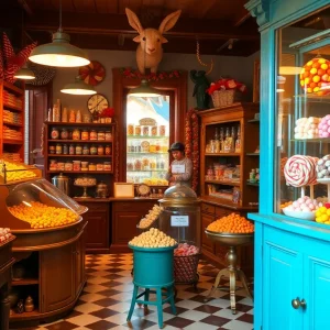 Interior of Lofty Pursuits candy shop with handmade candies and antique equipment