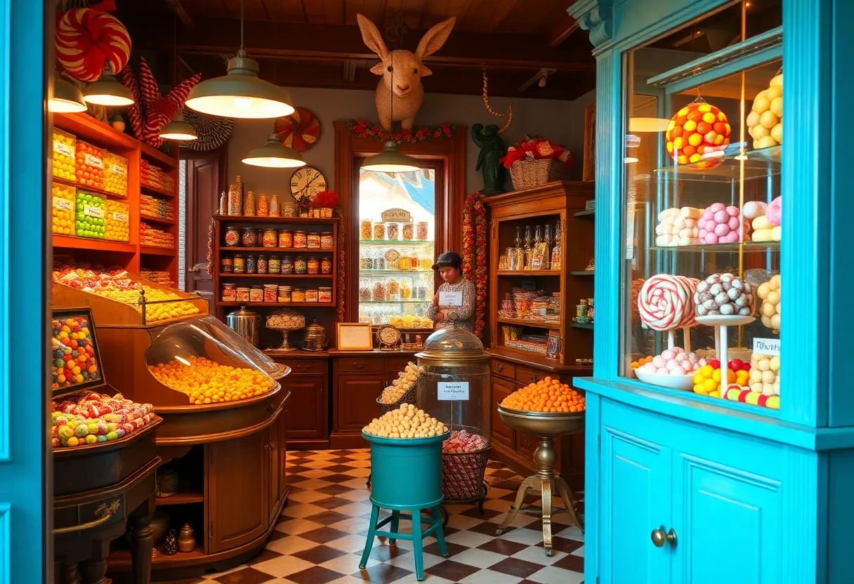 Interior of Lofty Pursuits candy shop with handmade candies and antique equipment