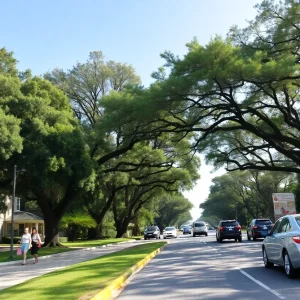 Pedestrians walking on Old Bainbridge Road with trees overhead