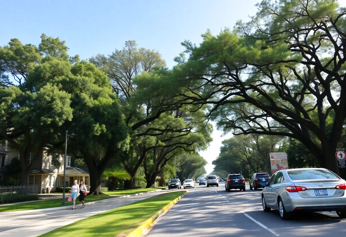 Pedestrians walking on Old Bainbridge Road with trees overhead