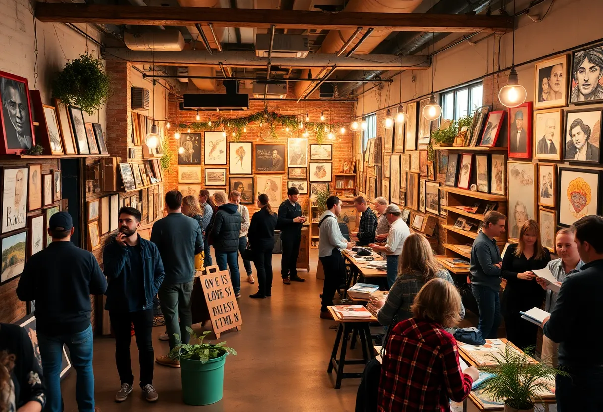 Interior view of the Req Room showcasing artistic displays and event setup