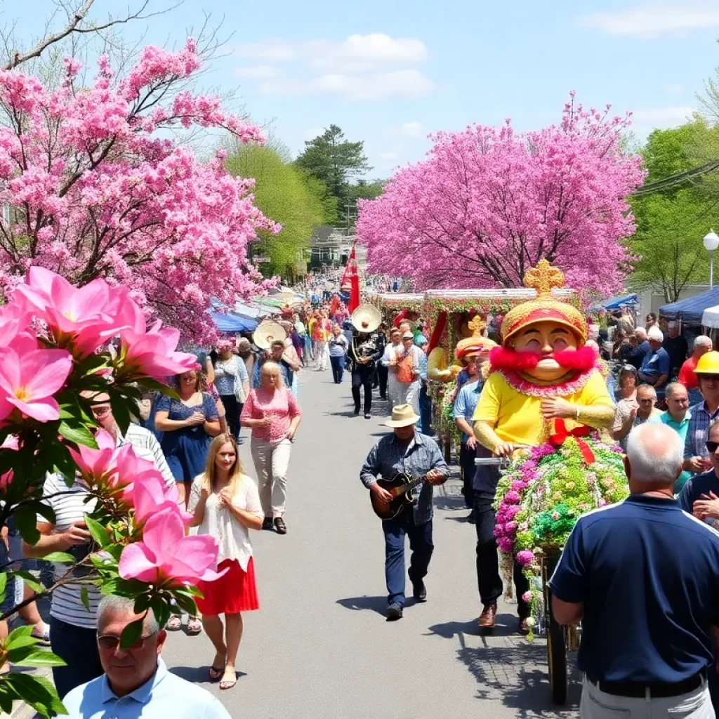 Colorful parade at the Springtime Tallahassee Festival showcasing floats and people enjoying the festivities.