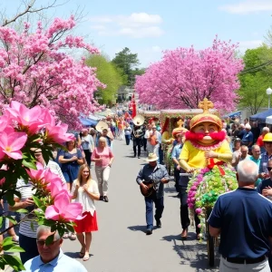 Colorful parade at the Springtime Tallahassee Festival showcasing floats and people enjoying the festivities.