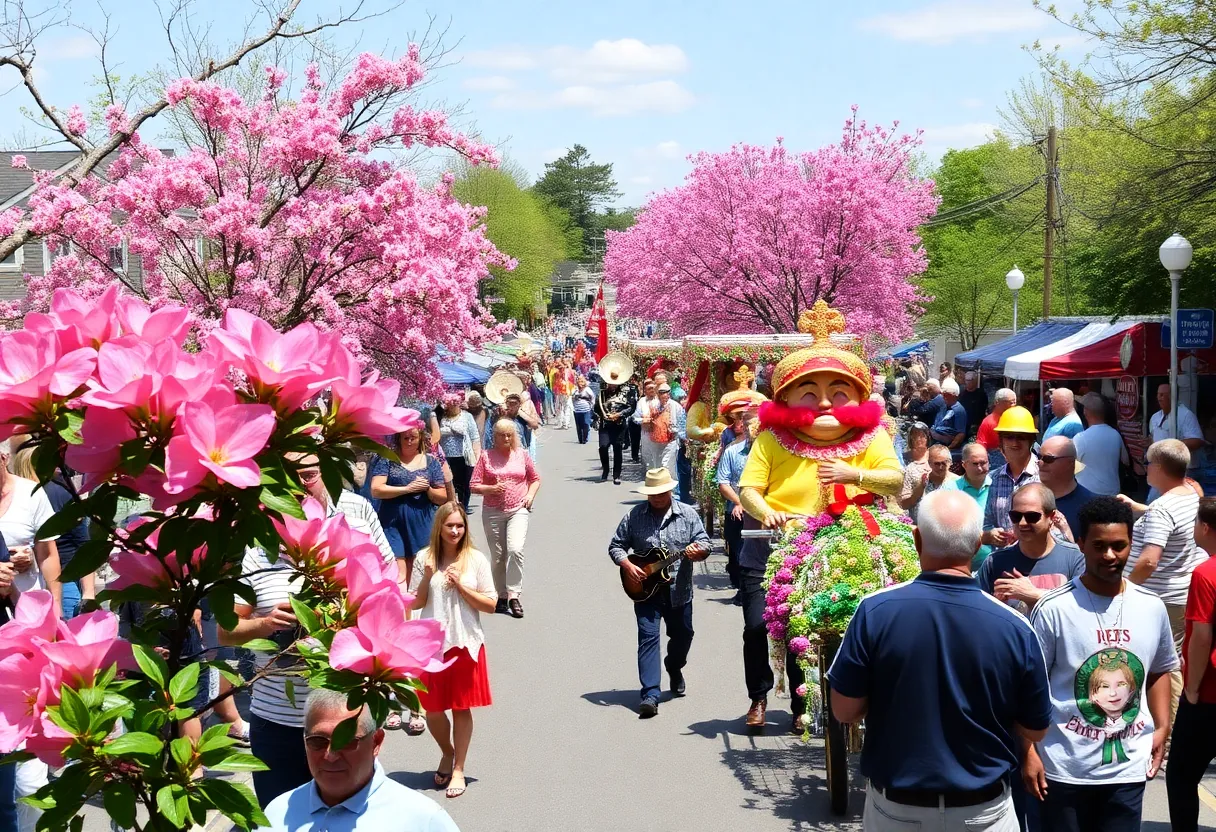 Colorful parade at the Springtime Tallahassee Festival showcasing floats and people enjoying the festivities.
