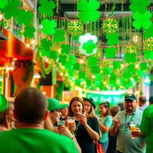 People celebrating St. Patrick's Day in Tallahassee with green drinks and decorations.