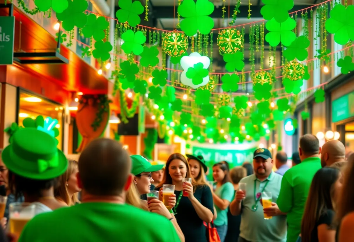People celebrating St. Patrick's Day in Tallahassee with green drinks and decorations.