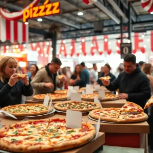 Vibrant pizza contest in Tallahassee featuring local pizzerias and happy voters.