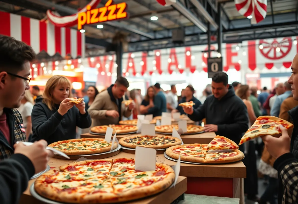 Vibrant pizza contest in Tallahassee featuring local pizzerias and happy voters.