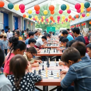 Community members enjoying the Tallahassee Chess Fest with chess boards and vibrant decorations.