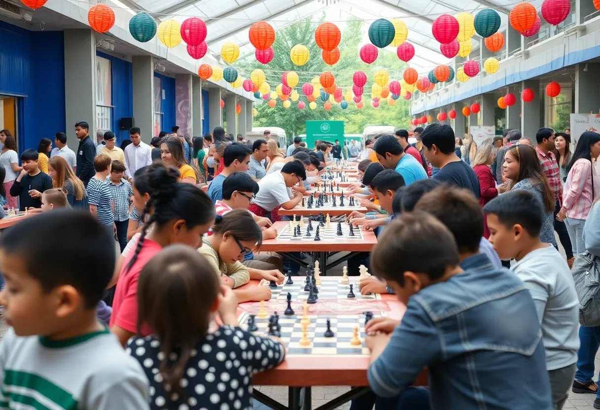 Community members enjoying the Tallahassee Chess Fest with chess boards and vibrant decorations.