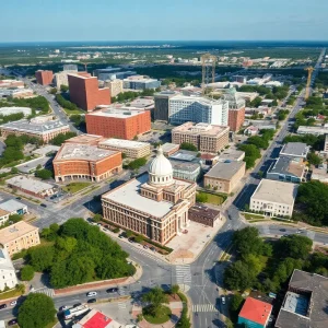 Aerial view of Tallahassee showing construction and city activities.