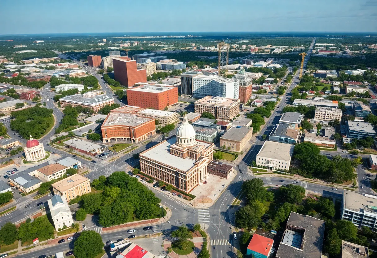 Aerial view of Tallahassee showing construction and city activities.