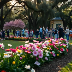 A peaceful gathering of community members in a park honoring two beloved residents.