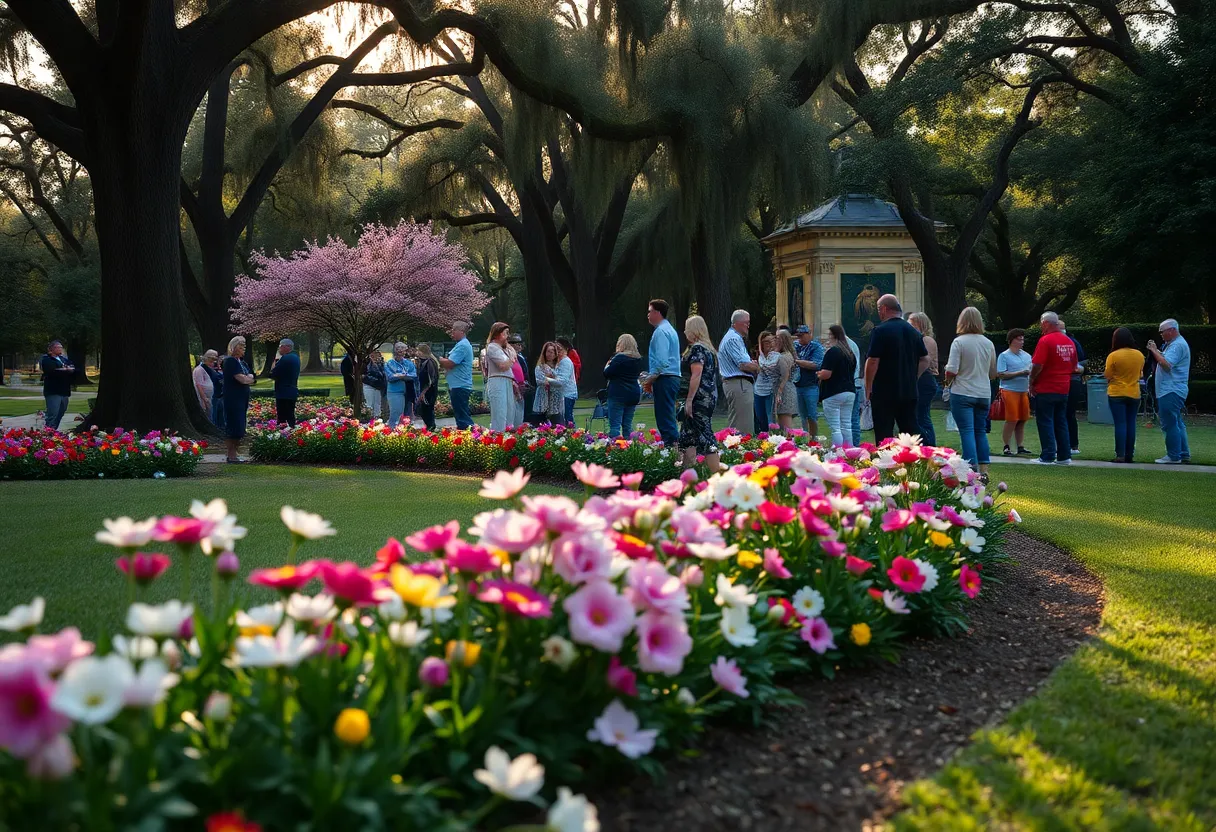A peaceful gathering of community members in a park honoring two beloved residents.