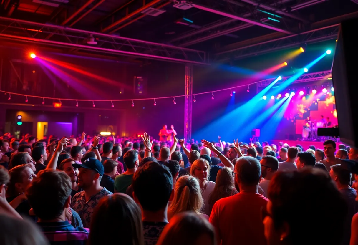 A lively scene of a benefit concert with musicians performing and a happy audience, representing community support