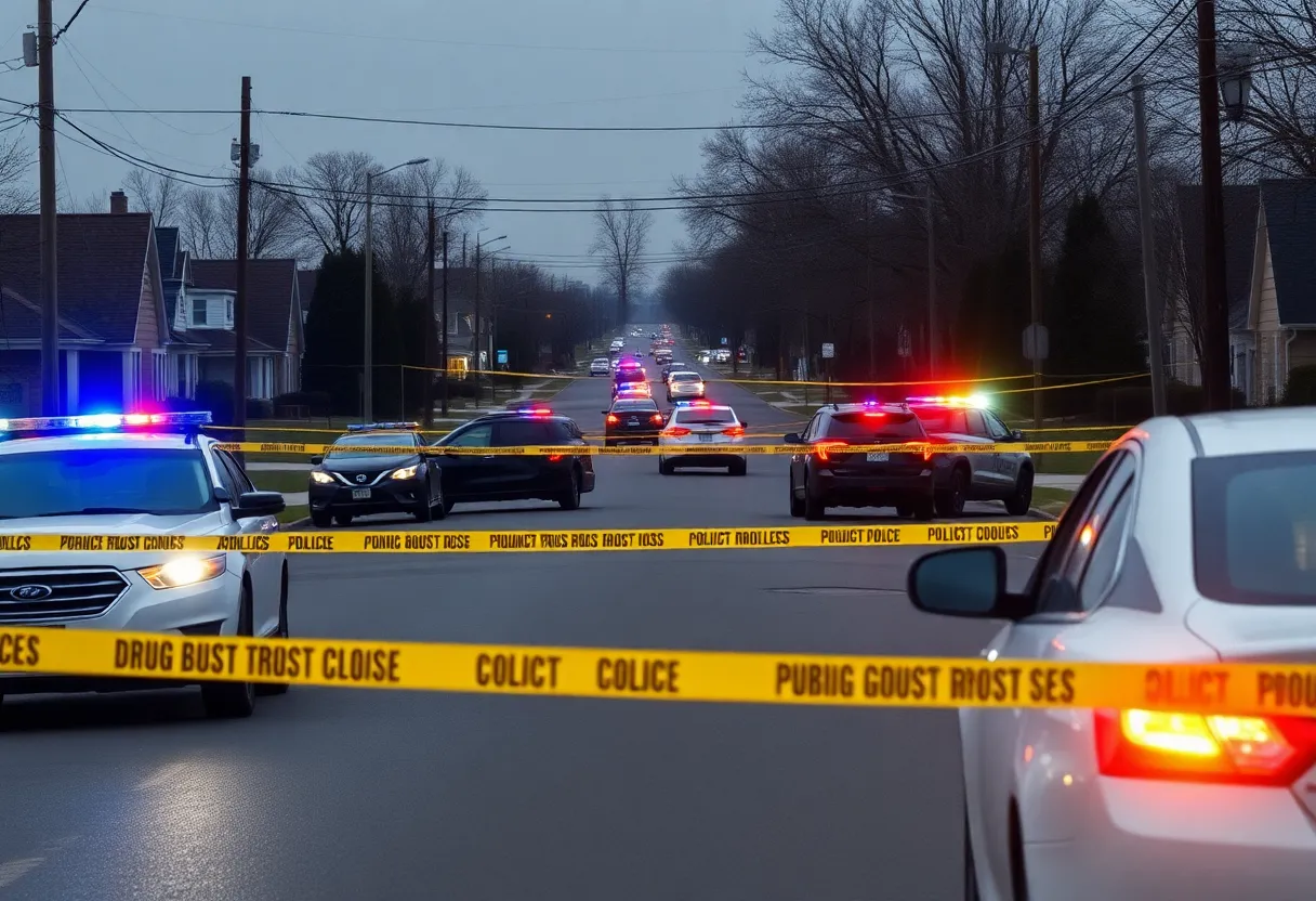 Police investigation scene in a suburban neighborhood reflecting a drug bust.