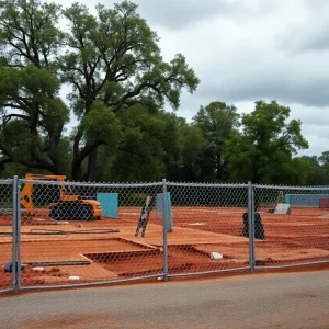 Construction site with a fence and oak trees