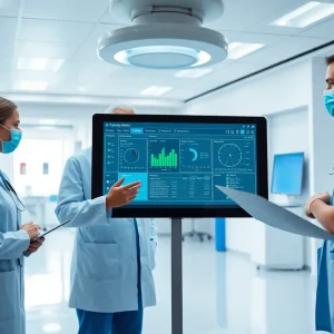 Healthcare professionals using the Epic EHR system in a hospital.