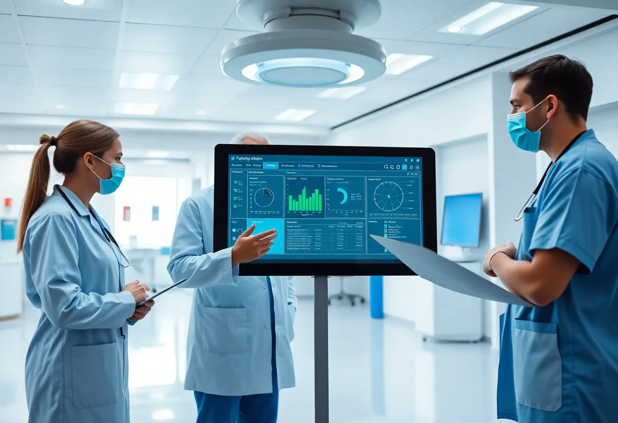 Healthcare professionals using the Epic EHR system in a hospital.
