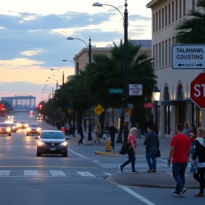 Pedestrians crossing a street in Tallahassee with traffic