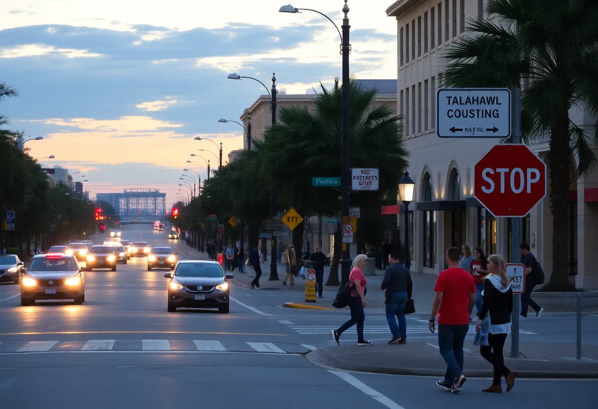 Pedestrians crossing a street in Tallahassee with traffic