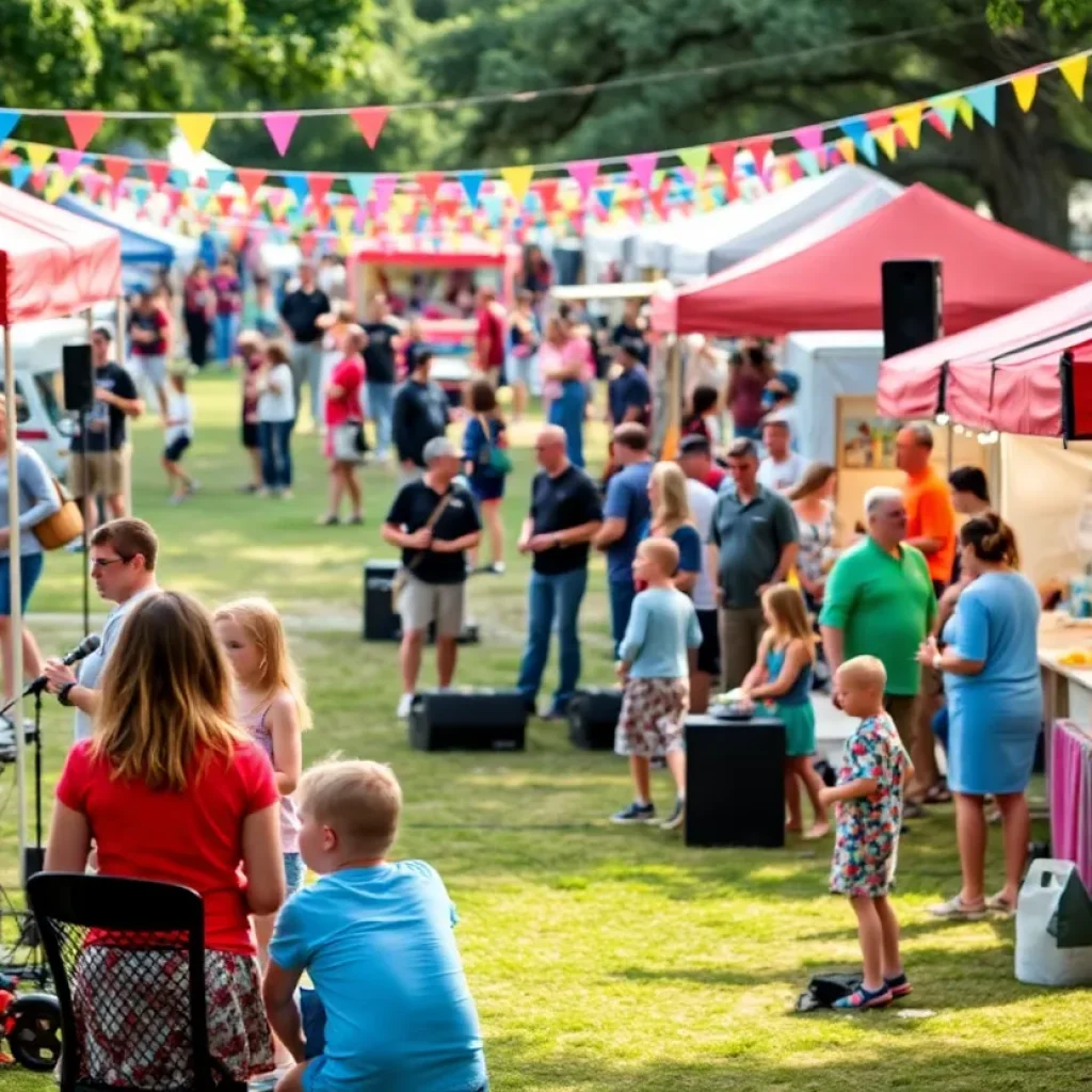 Families enjoying a vibrant festival in Tallahassee with live music and food vendors.