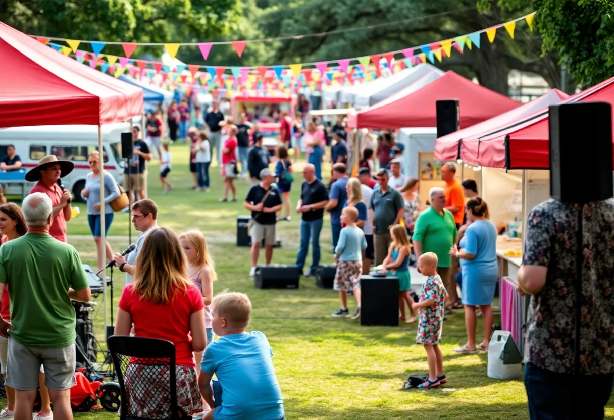 Families enjoying a vibrant festival in Tallahassee with live music and food vendors.