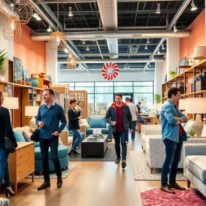 Interior view of Turner's Fine Furniture store with customers shopping.