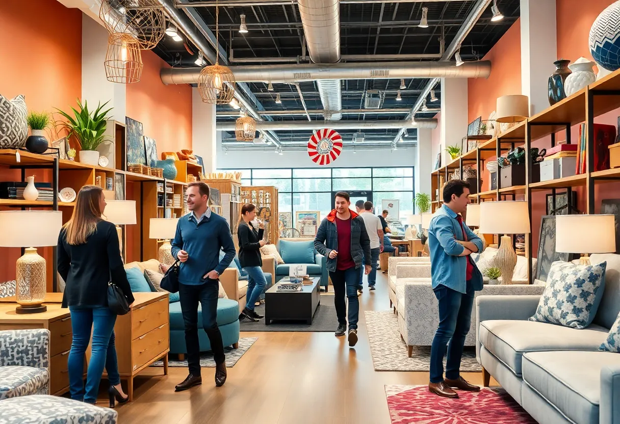 Interior view of Turner's Fine Furniture store with customers shopping.